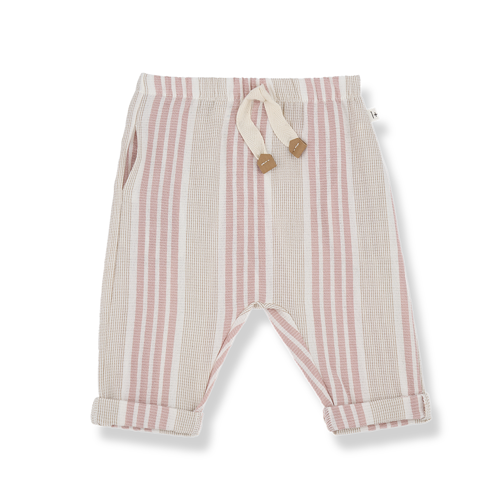 terra cotta top with stiped pants
