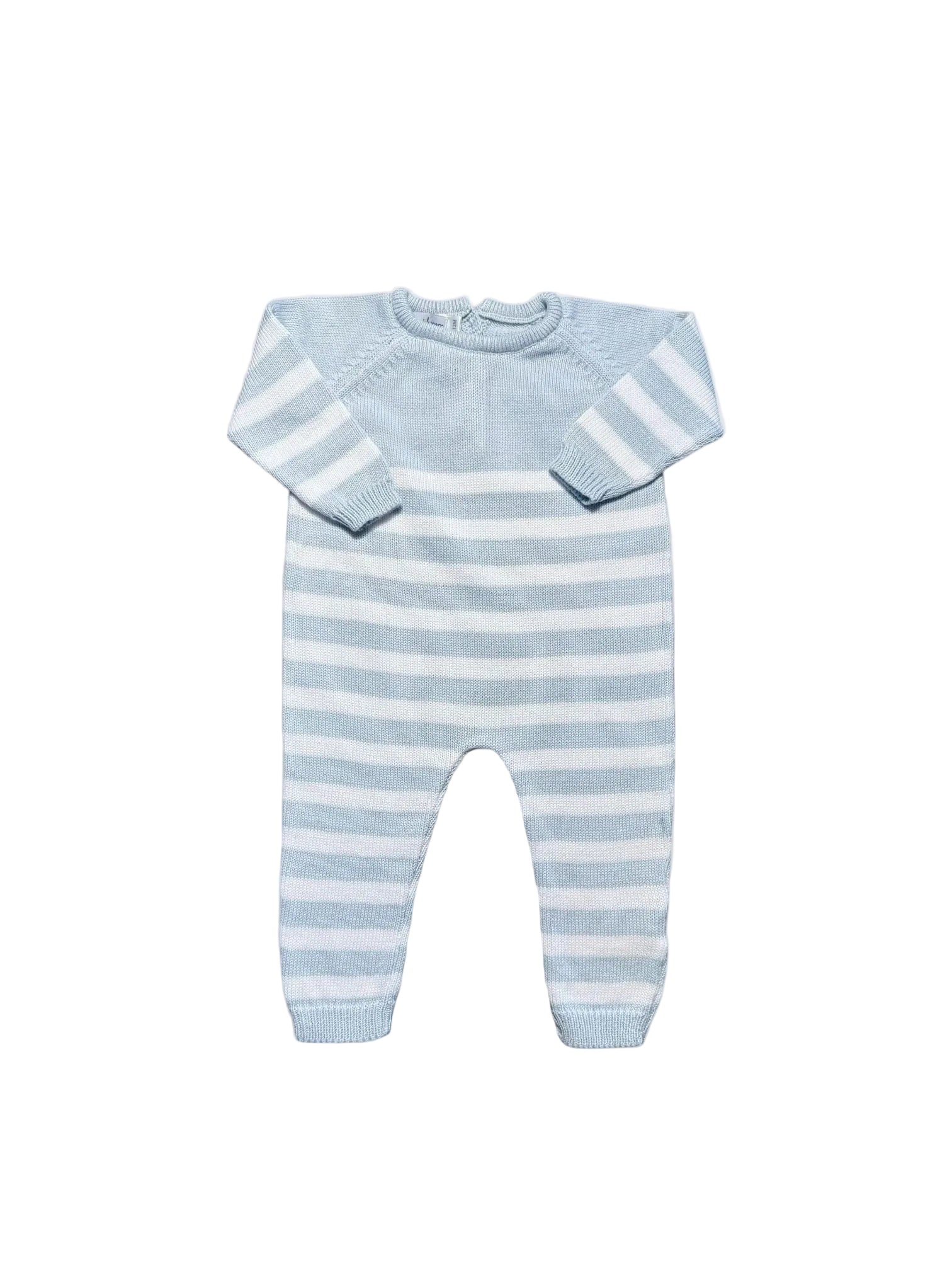 A baby long-sleeve footless one-piece romper with horizontal light blue and white stripes, laid flat on a light gray background.