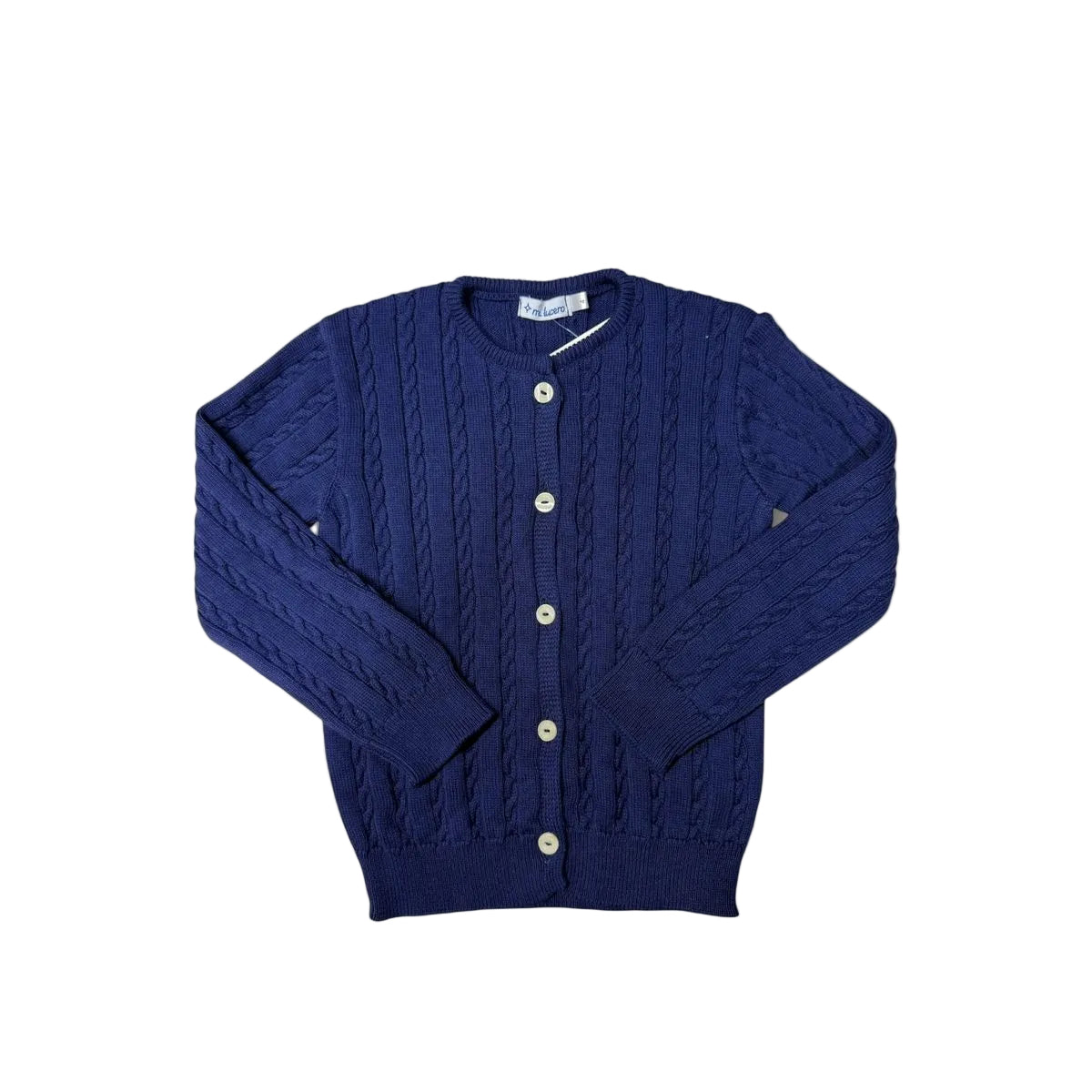 A navy blue cable-knit cardigan sweater with white buttons, laid flat against a light beige background.