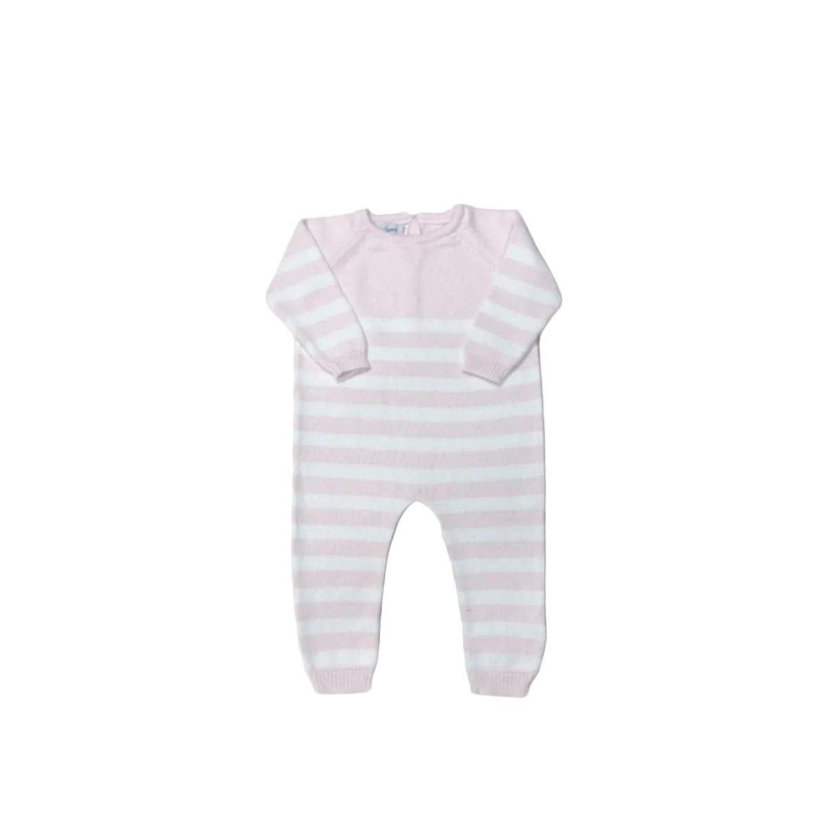 A baby long-sleeve footless romper with horizontal light pink and white stripes, laid flat on a light beige background.