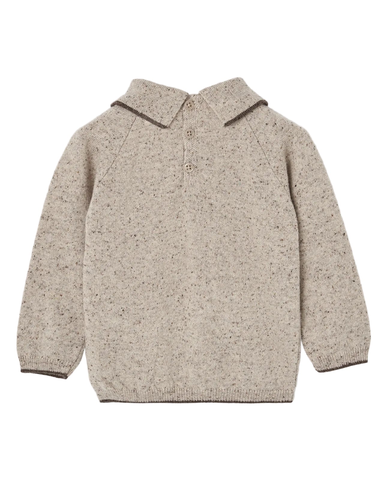 A beige and brown speckled knit polo sweater for toddlers, featuring a short collar, three-button placket, and raglan sleeves, shown flat on a light gray background.