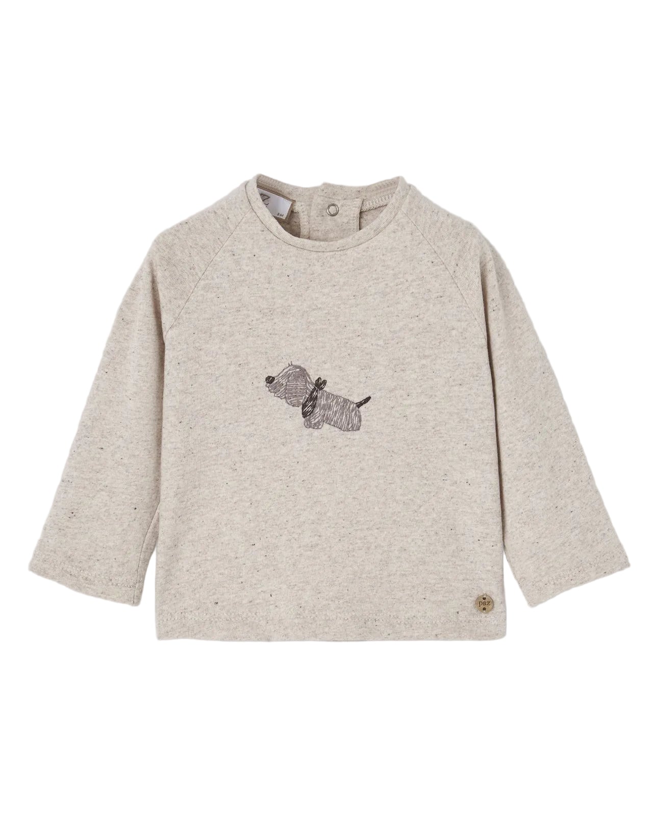 A light beige heathered long-sleeve top for toddlers, featuring a small embroidered dog motif on the chest and a decorative button on the lower hem, displayed against a neutral gray background.