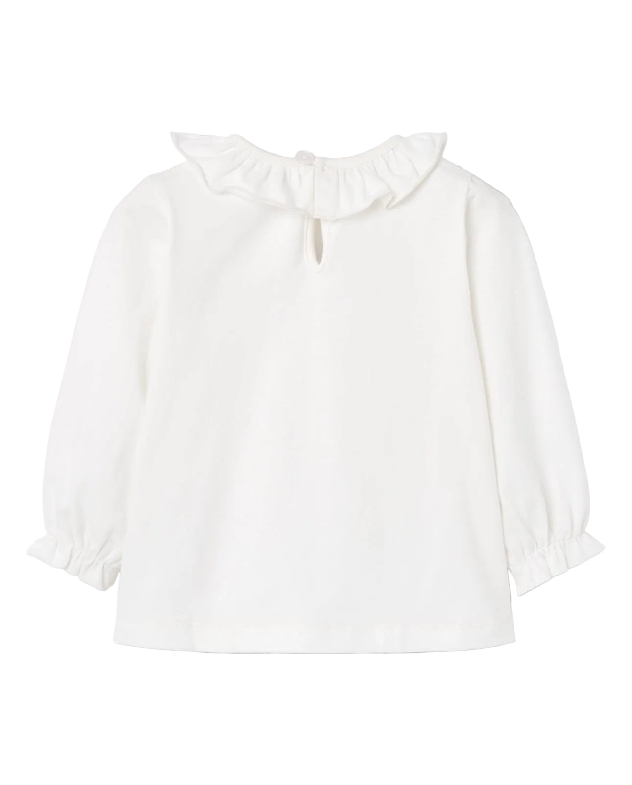 A white long-sleeve blouse with a ruffled collar and gathered cuffs, shown flat against a solid gray background.