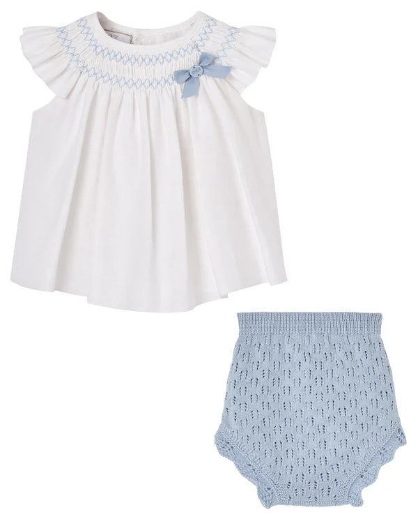 Set Woven Newborn Short Dress and Bloomers White/Sky Blue