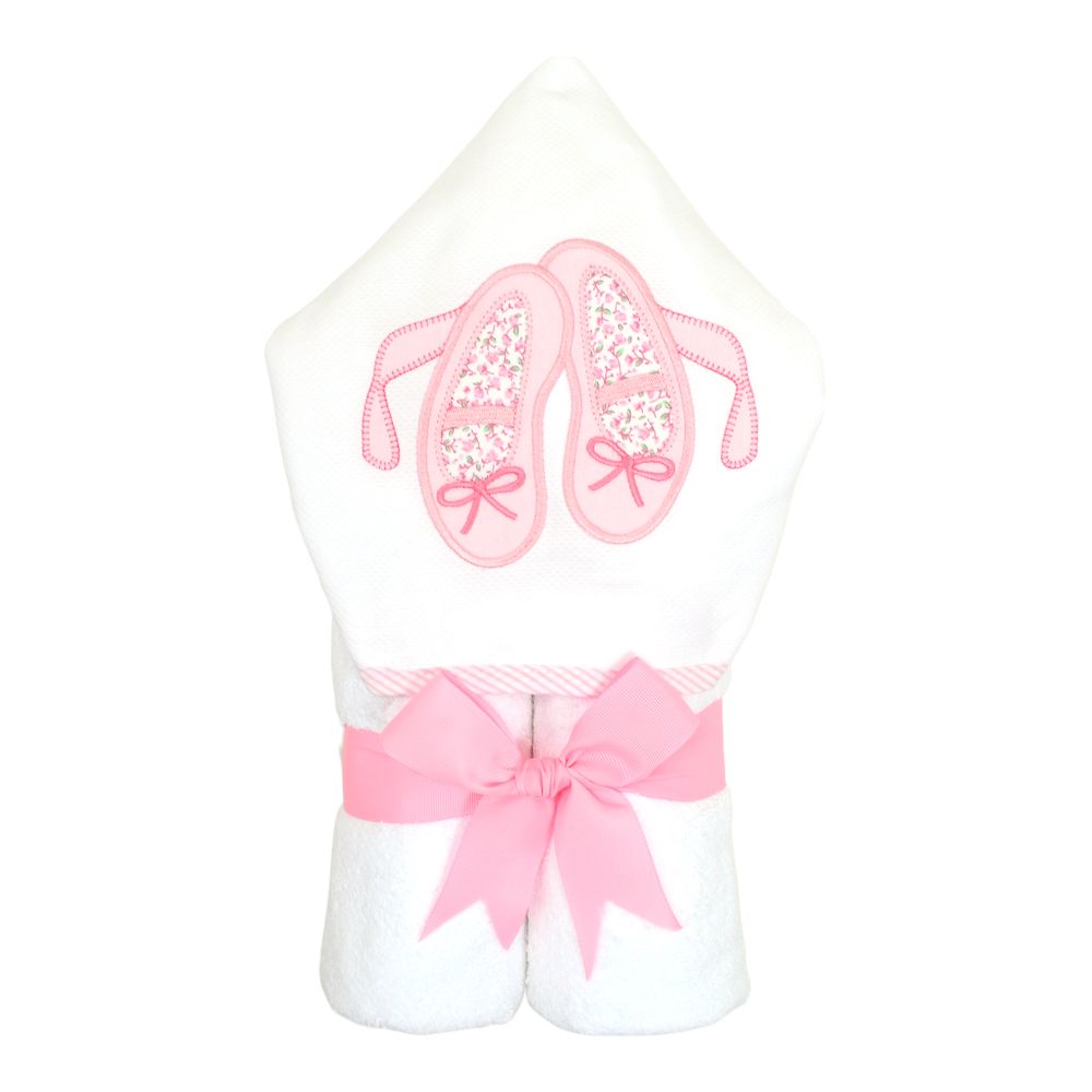 Ballet Shoes Everykid Towel by 3 Marthas featuring a pink ballet shoes design, adorned with a pink bow, perfect for children up to 8 years. Ideal ballet themed towels for bath, beach, or pool time.