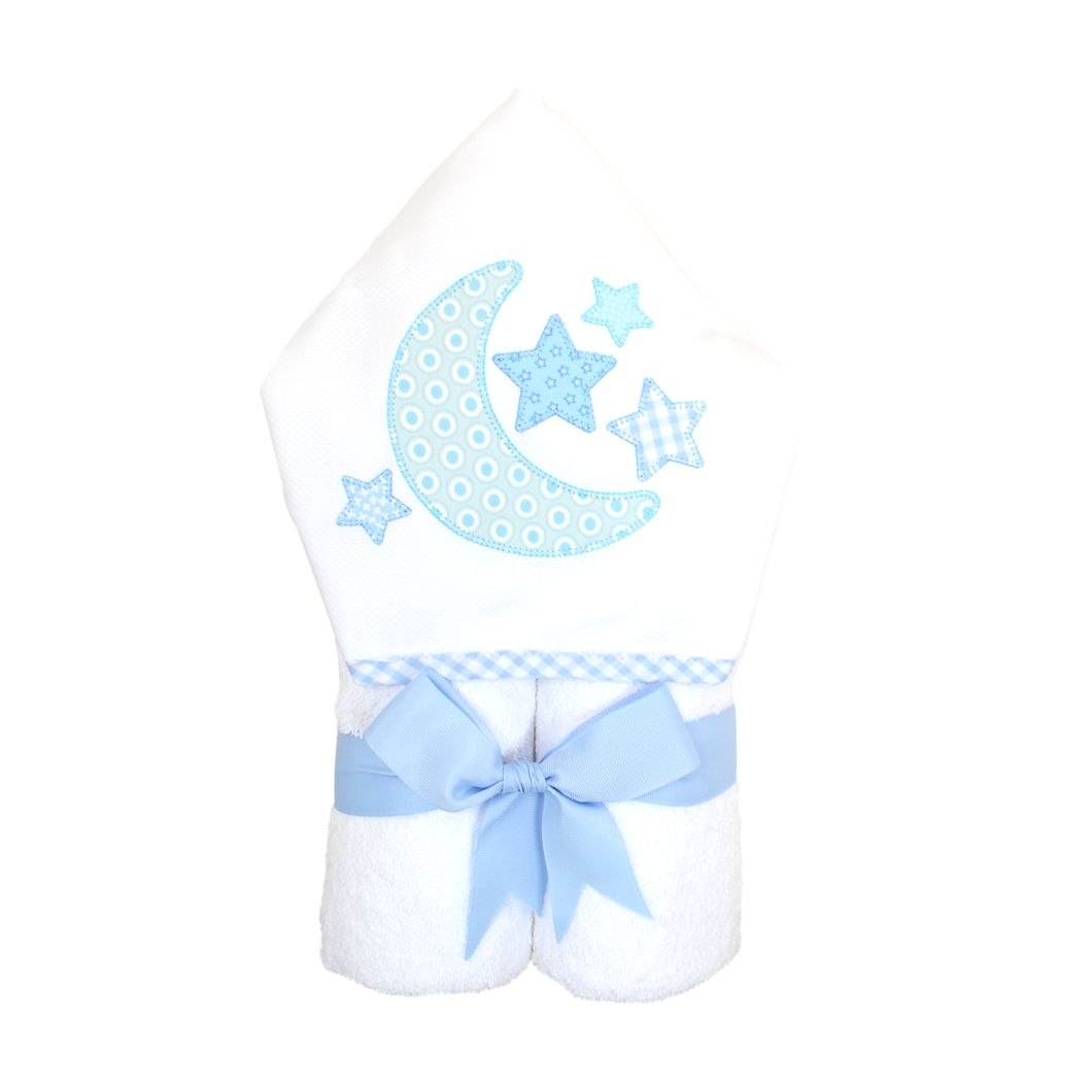 Blue Lullaby Everykid Towel by 3 Marthas features a cozy hood with moon and star applique, wrapped with a blue ribbon for a charming look.