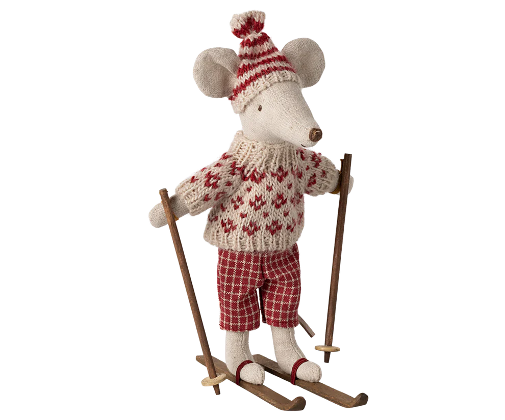 Winter mouse with ski set, Mum - Red