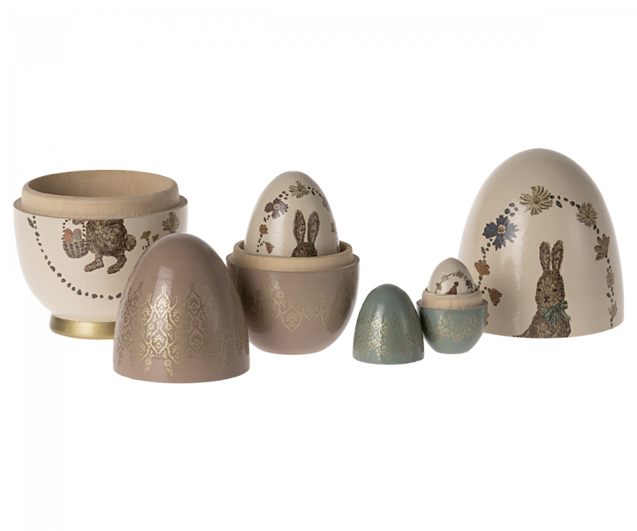 Easter babushka egg set by Maileg featuring a collection of 5 beautifully decorated wooden nesting eggs in various sizes and colors.