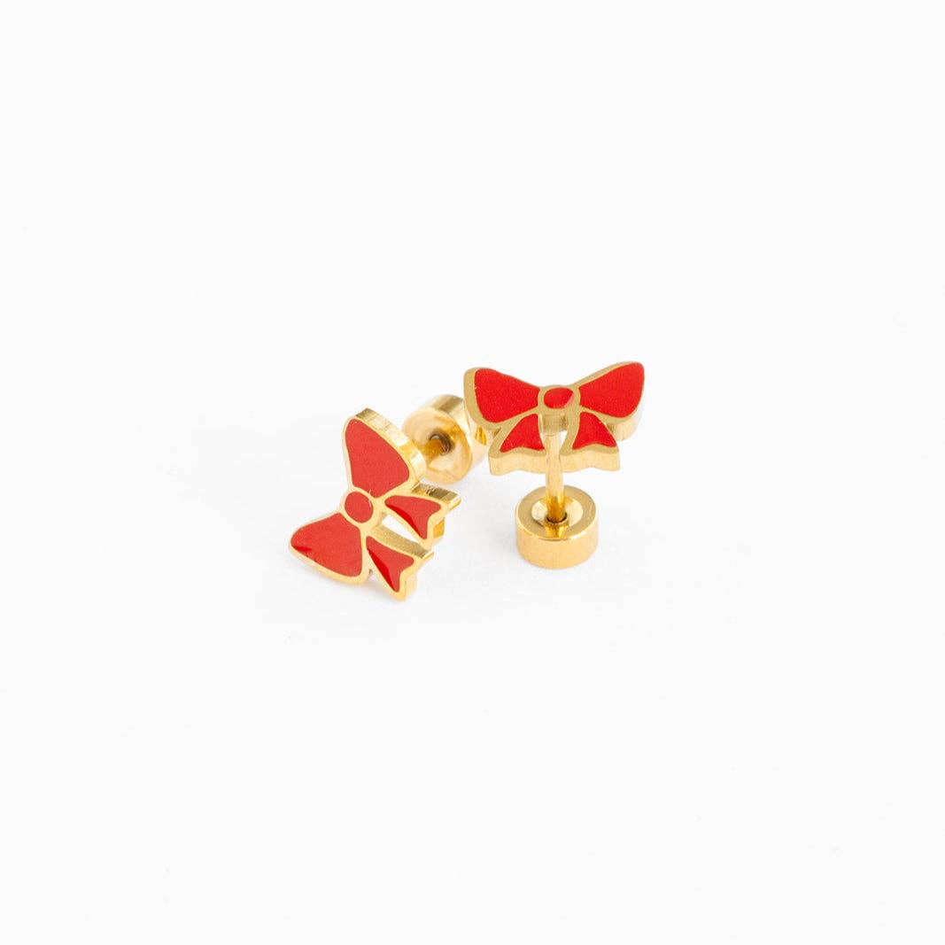 Red Bow Stud Earrings - Hypoallergenic, Flat Back, Girl Gift