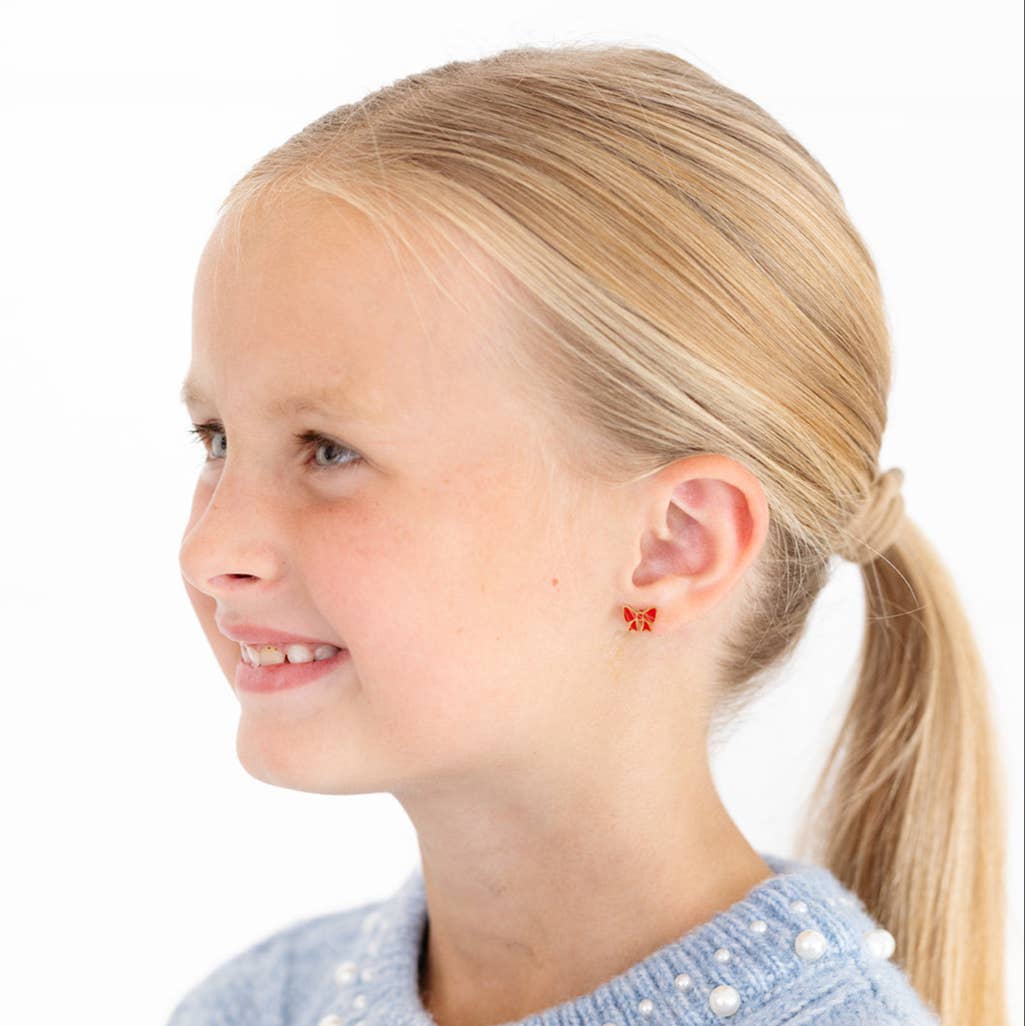 Red Bow Stud Earrings - Hypoallergenic, Flat Back, Girl Gift
