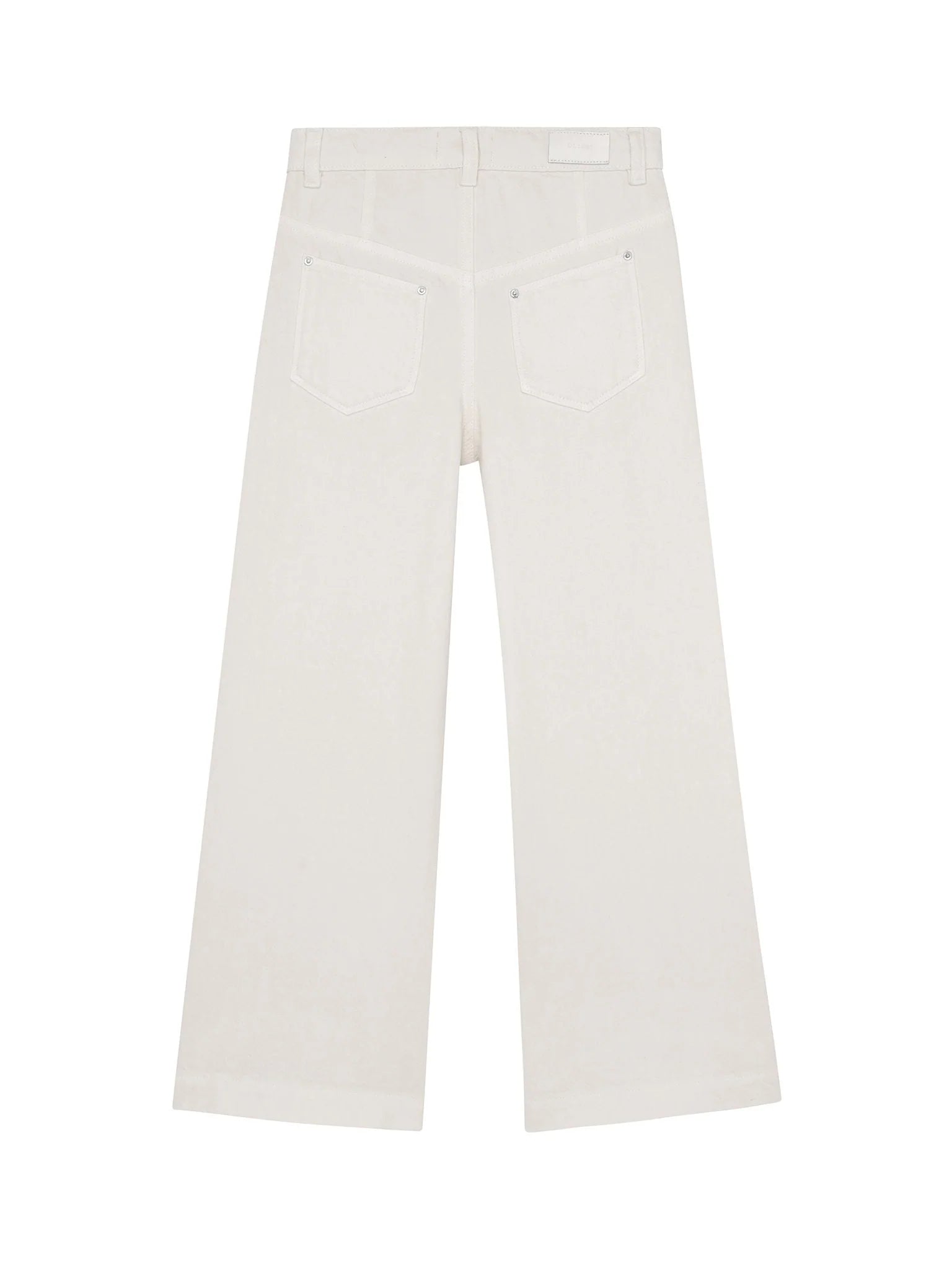 White wide-leg jeans shown from the back, featuring two back pockets and a belt loop, laid flat against a white background.
