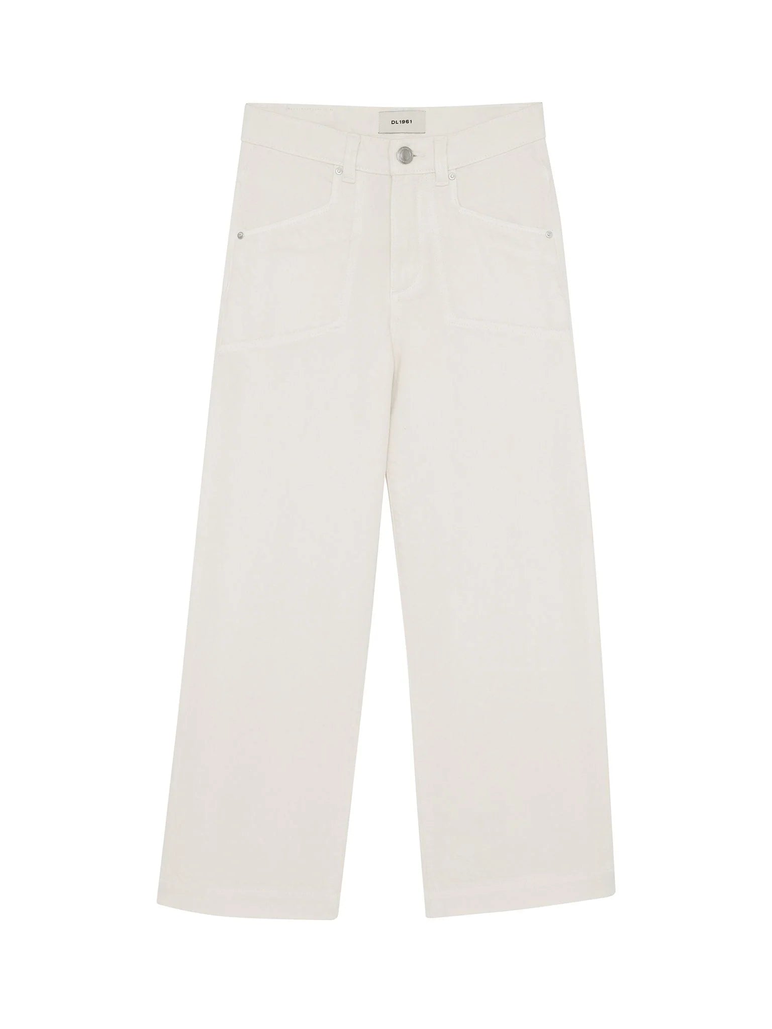 A pair of off-white wide-leg jeans shown flat against a solid white background.