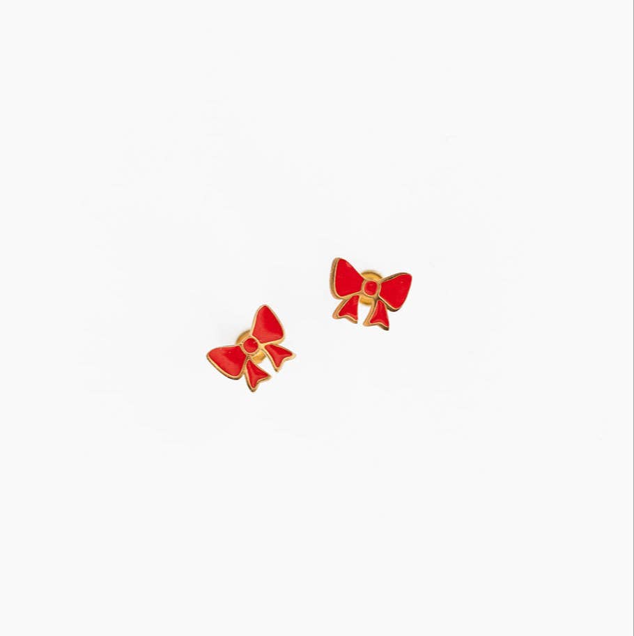 Red Bow Stud Earrings - Hypoallergenic, Flat Back, Girl Gift