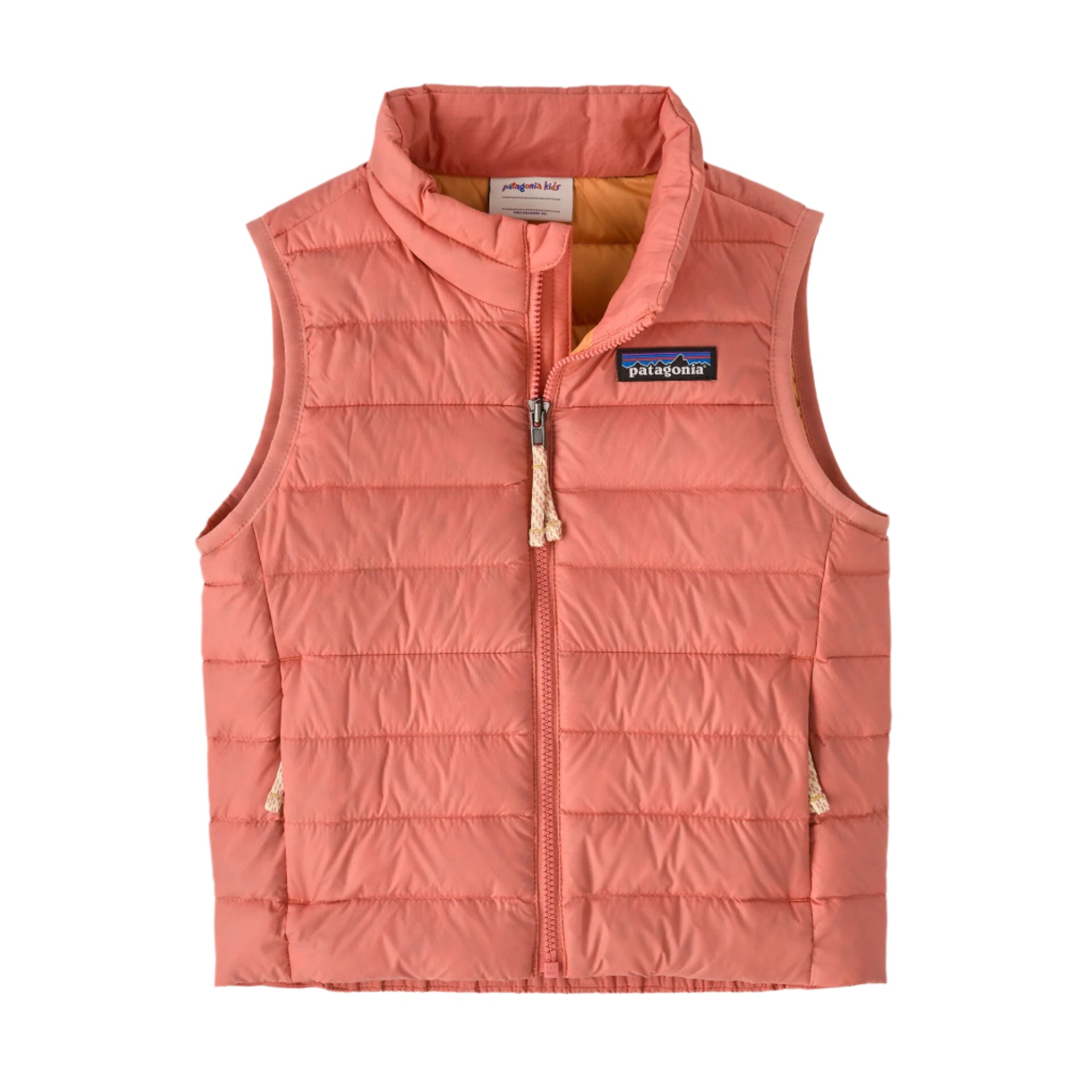 Front view of the Baby Down Sweater Vest in Peak Pink by Patagonia, designed for baby with a stylish zip front and soft, puffy insulation.