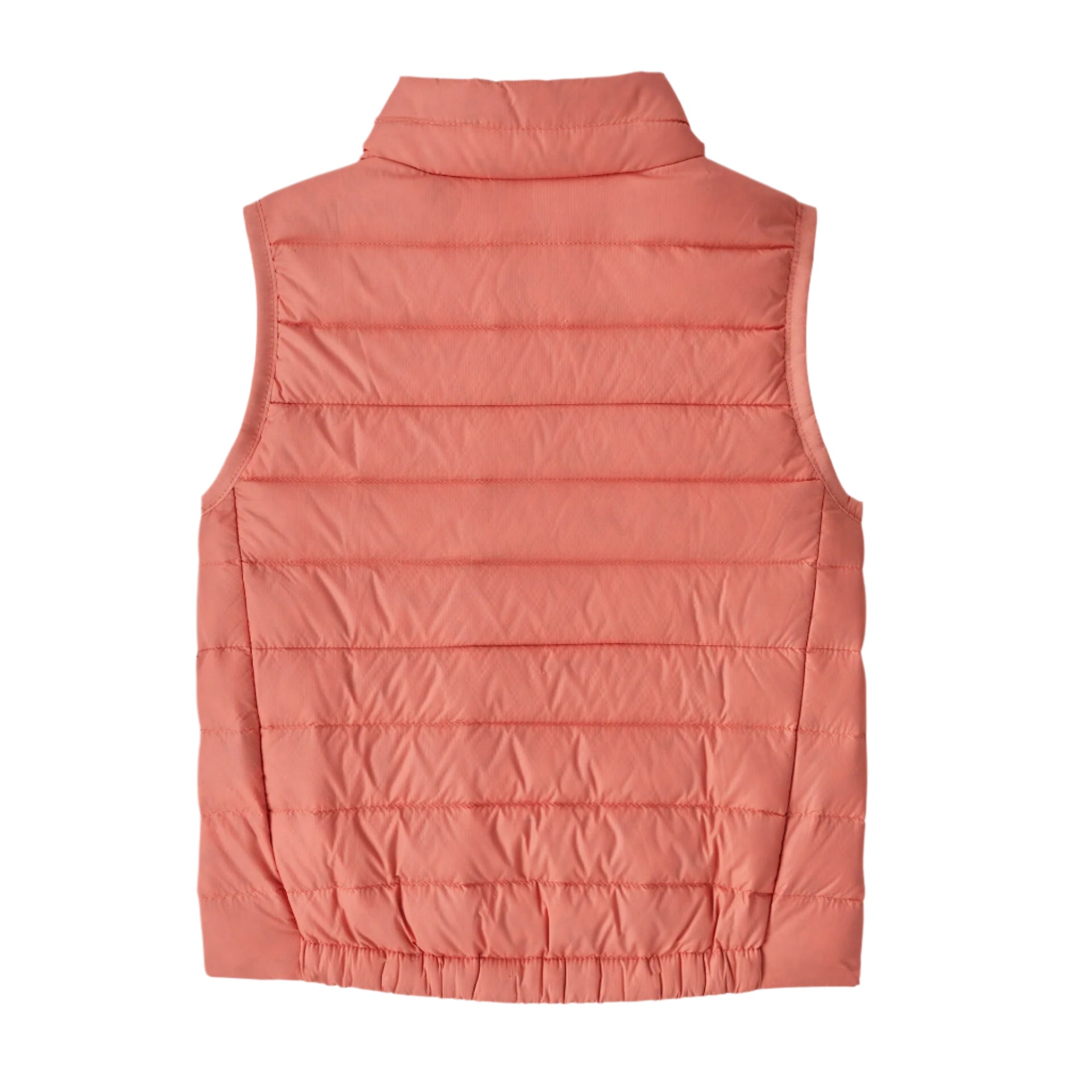Back view of the Baby Down Sweater Vest in Peak Pink by Patagonia, showcasing its comfortable fit and padded design for warmth.