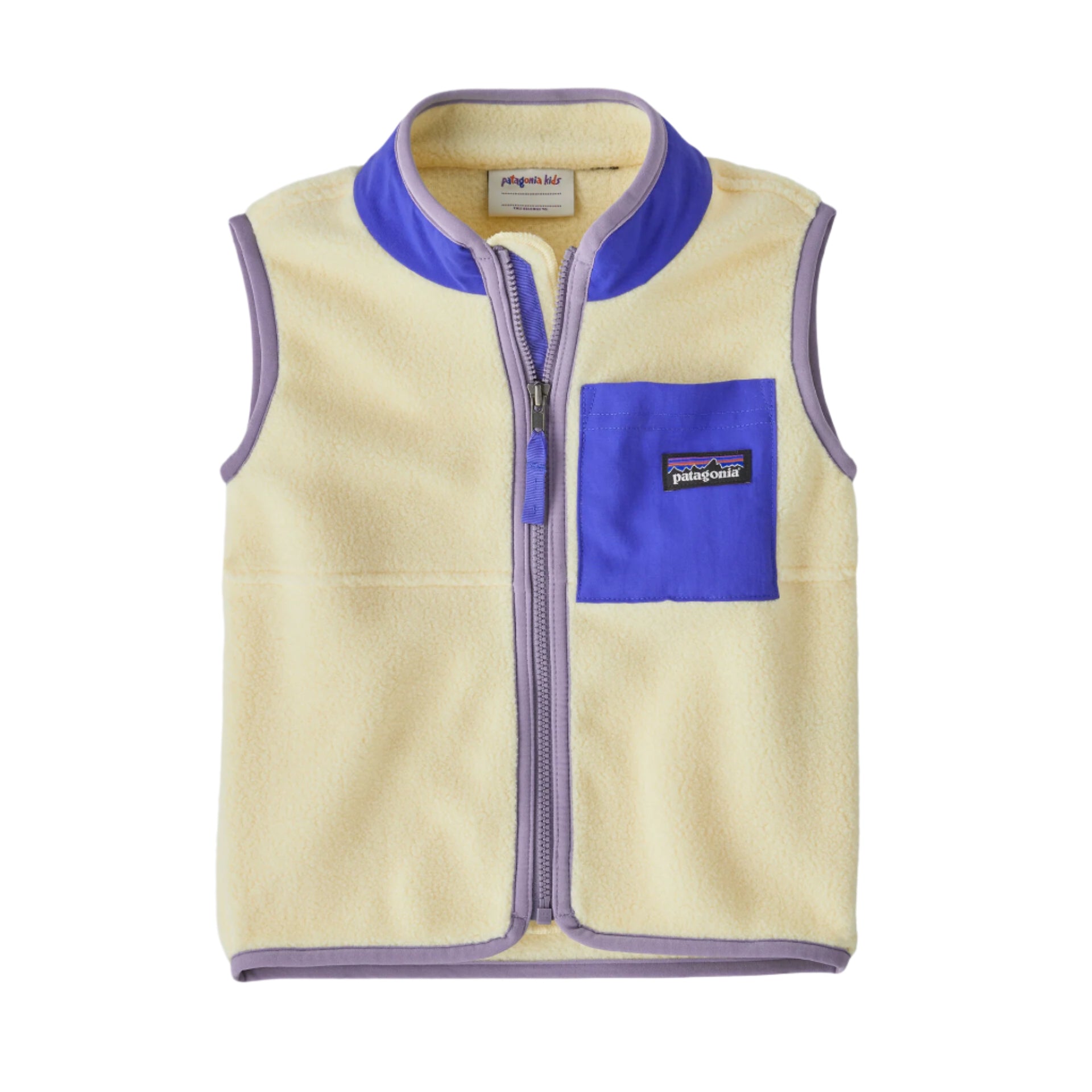 Front view of the Baby Synchilla® Fleece Vest in Buttercup Yellow by Patagonia, featuring a soft fleece material, a purple collar, and a front pocket.