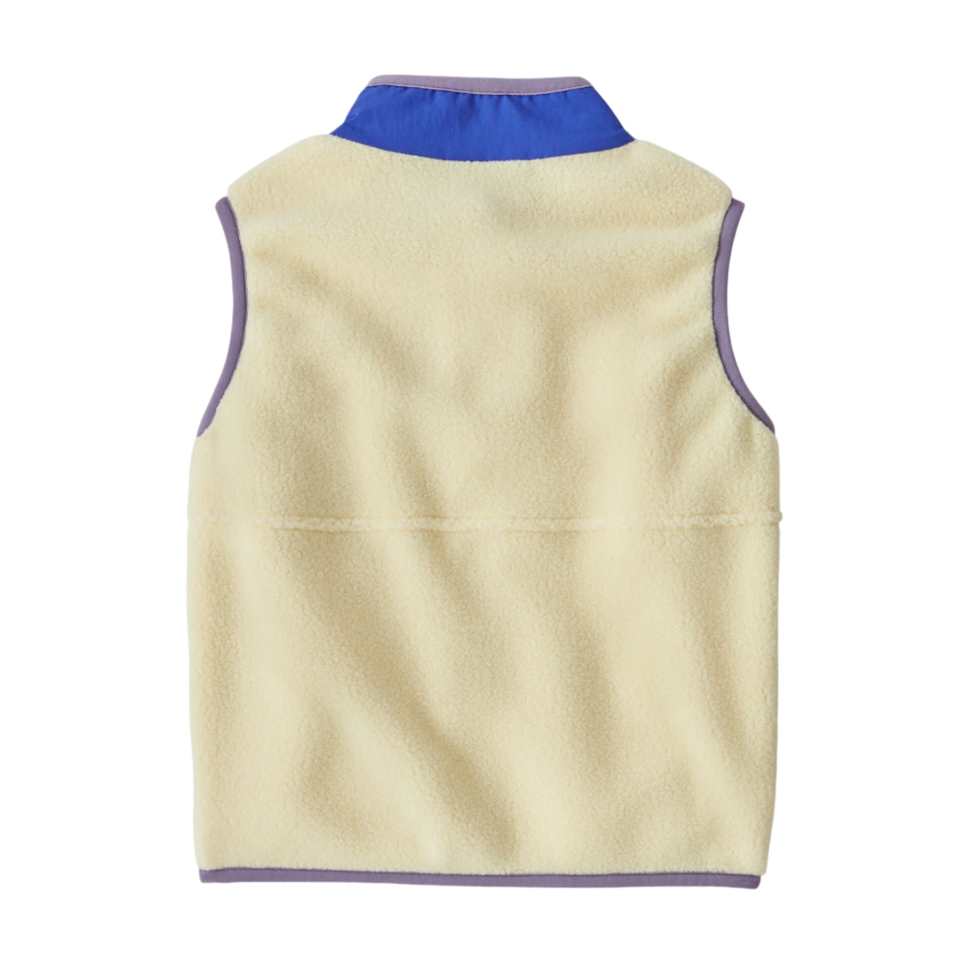 Back view of the Baby Synchilla® Fleece Vest in Buttercup Yellow by Patagonia, showcasing the fleece design and blue collar.