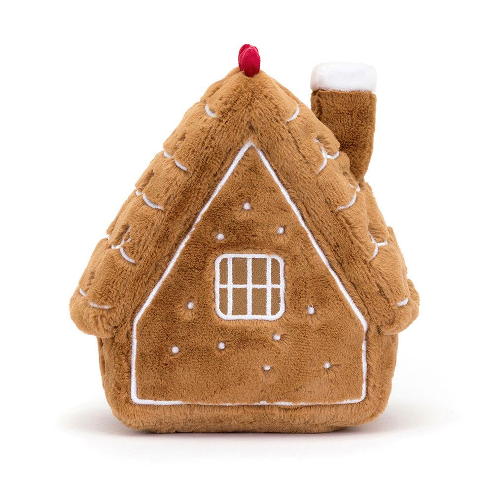 Amusable Gingerbread House by JellyCat, ideal size for small hands, measuring 8.7 inches by 7.1 inches, perfect for nurturing play.