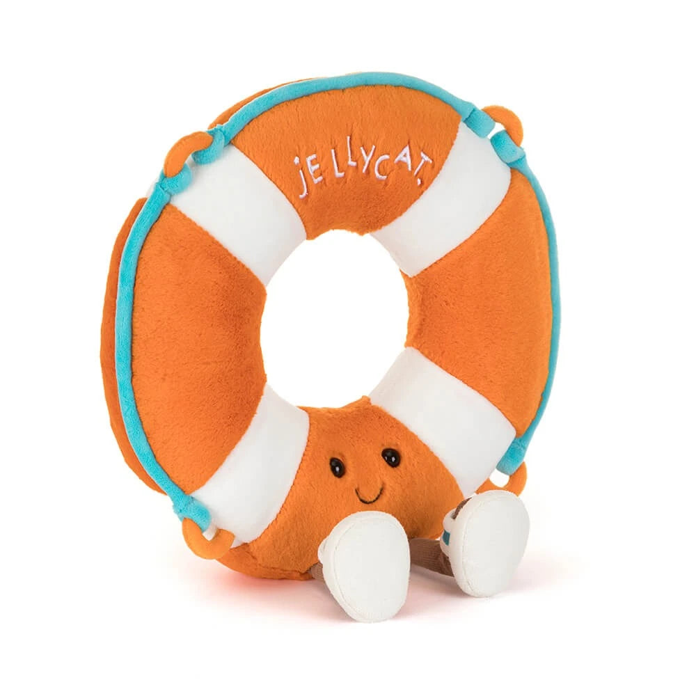 Amuseables Life Ring SS26 plush toy by JellyCat in vibrant orange with playful white bands, perfect for cuddles.