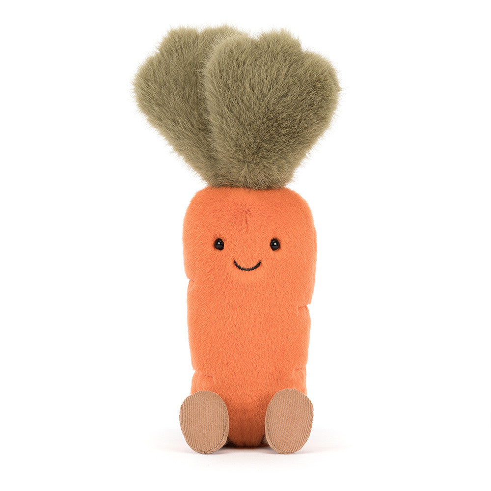 Amusables Carrot plush toy by JellyCat, measuring 11in tall and soft to the touch.