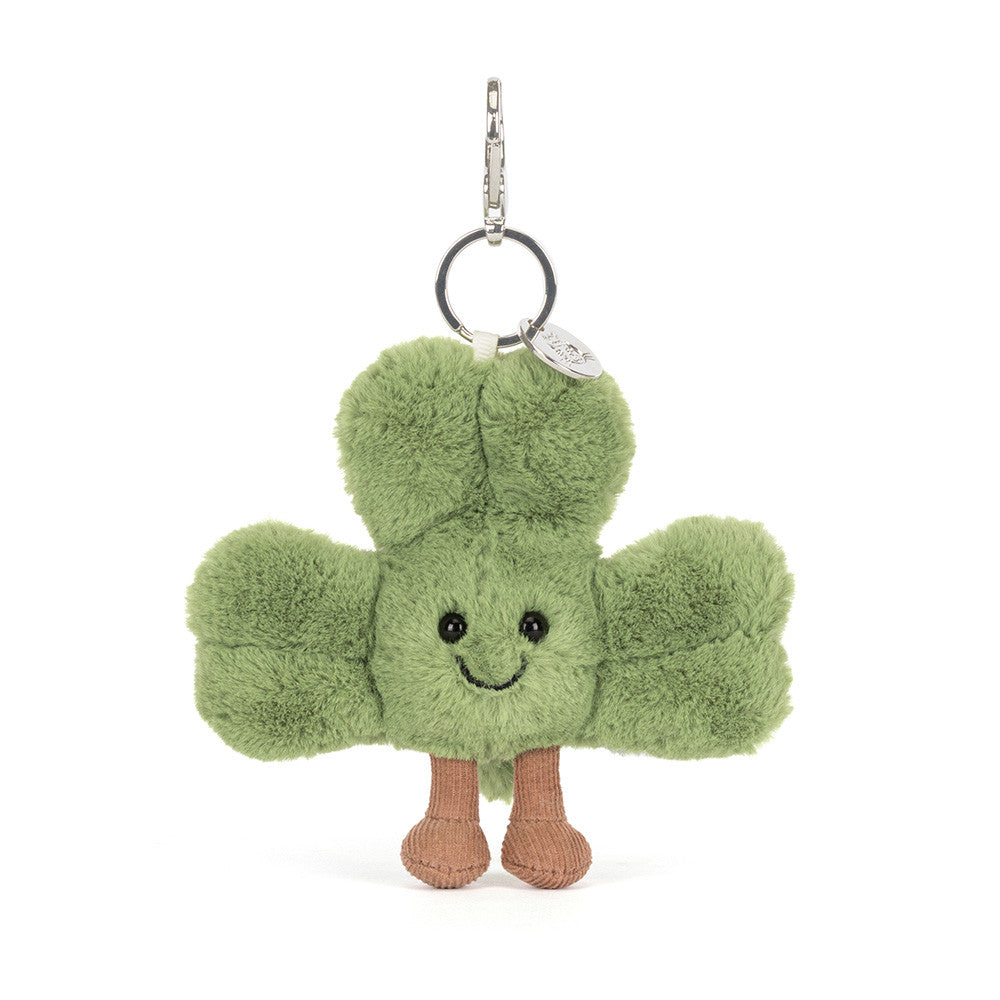 Detail image of Amusables Siofra Shamrock Bag Charm displaying its dimensions and plush texture.