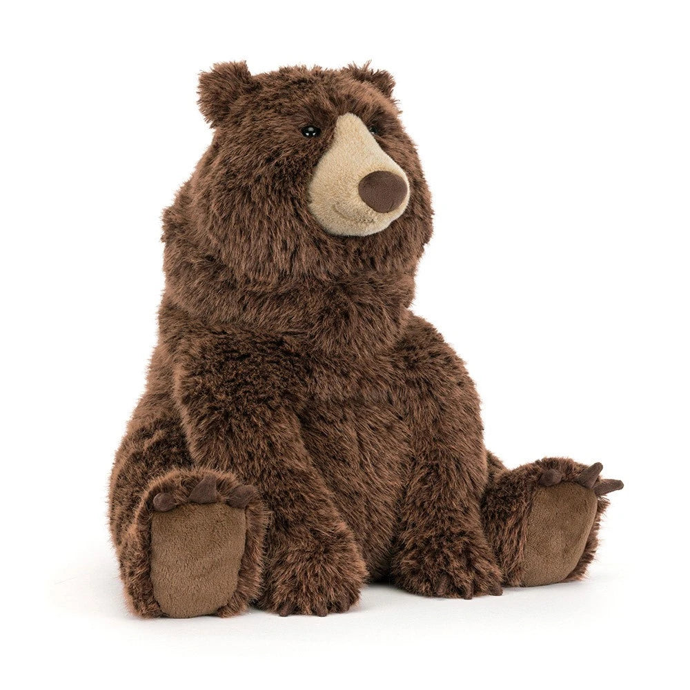 JellyCat Bizzlestomp Bear plush viewed from the front with soft brown fur and oversized paws