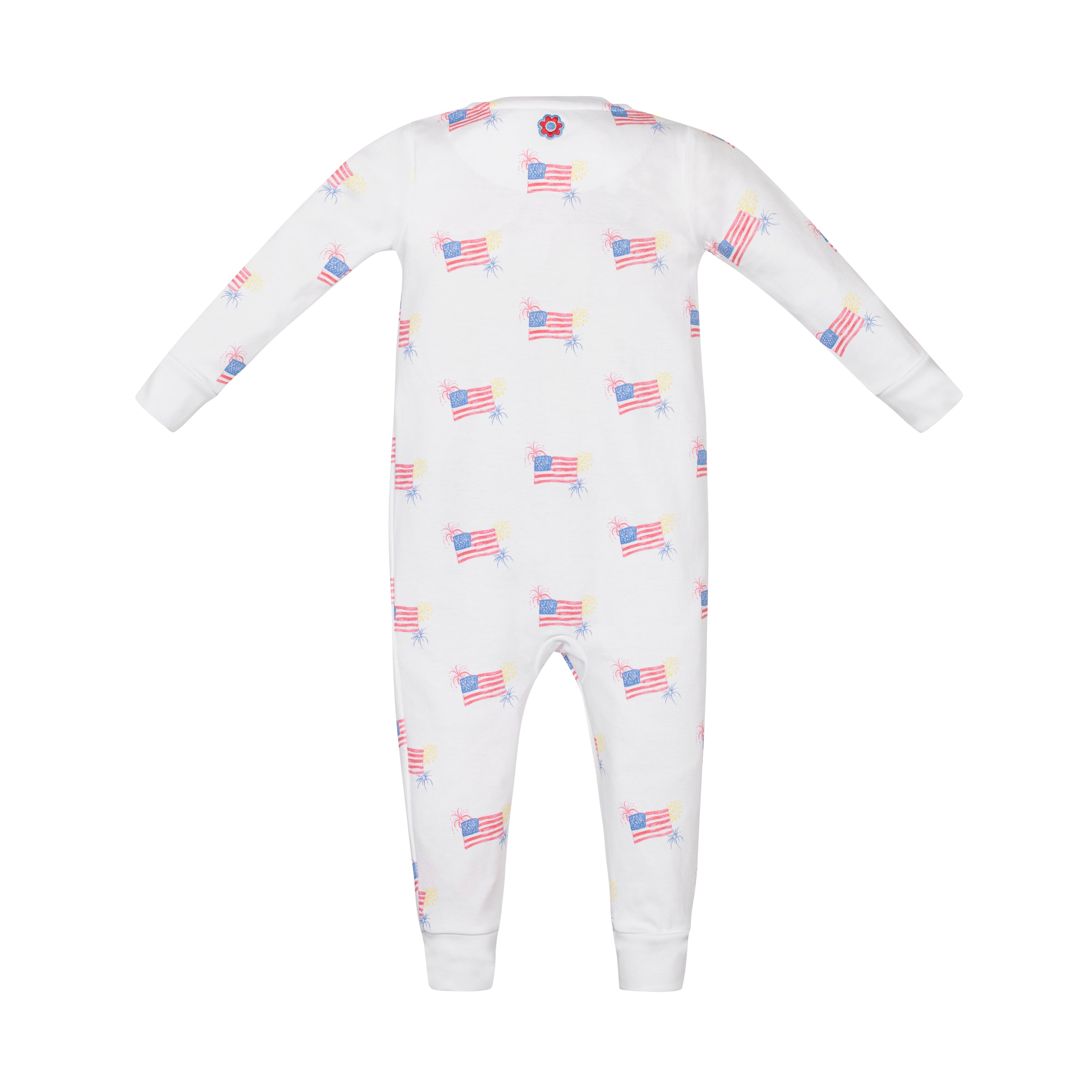 USA Flags Zipper One Piece displayed on a flat surface, emphasizing the bright flag design and soft cotton material.