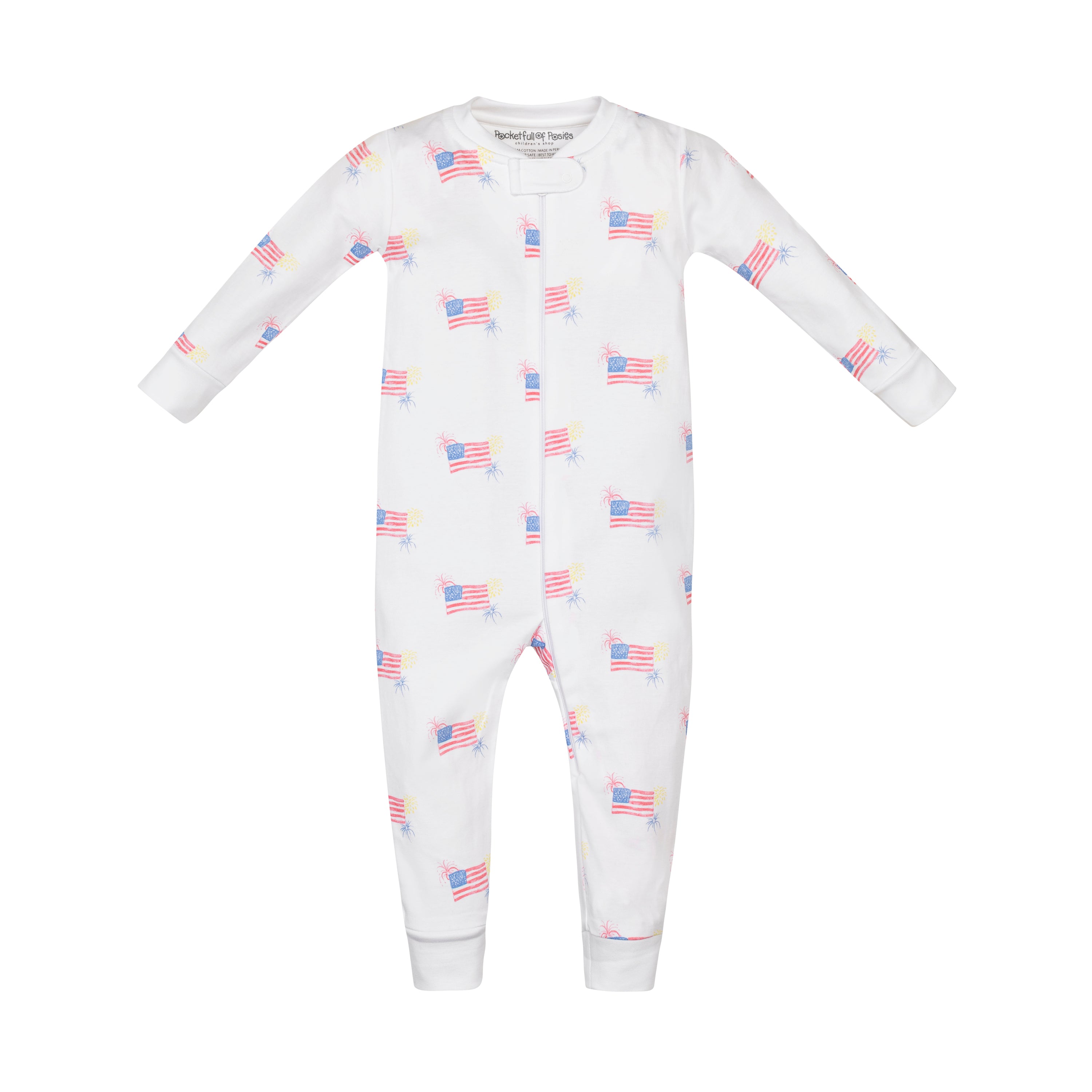 Baby wearing the USA Flags Zipper One Piece, featuring a comfortable fit for play and sleep.
