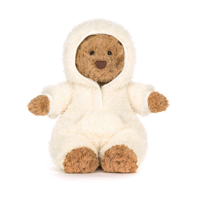 Bartholomew Bear All-in-one Outfit by JellyCat, showcasing a plush bear in a cozy white hoodie with a smiling face, perfect for cuddles.