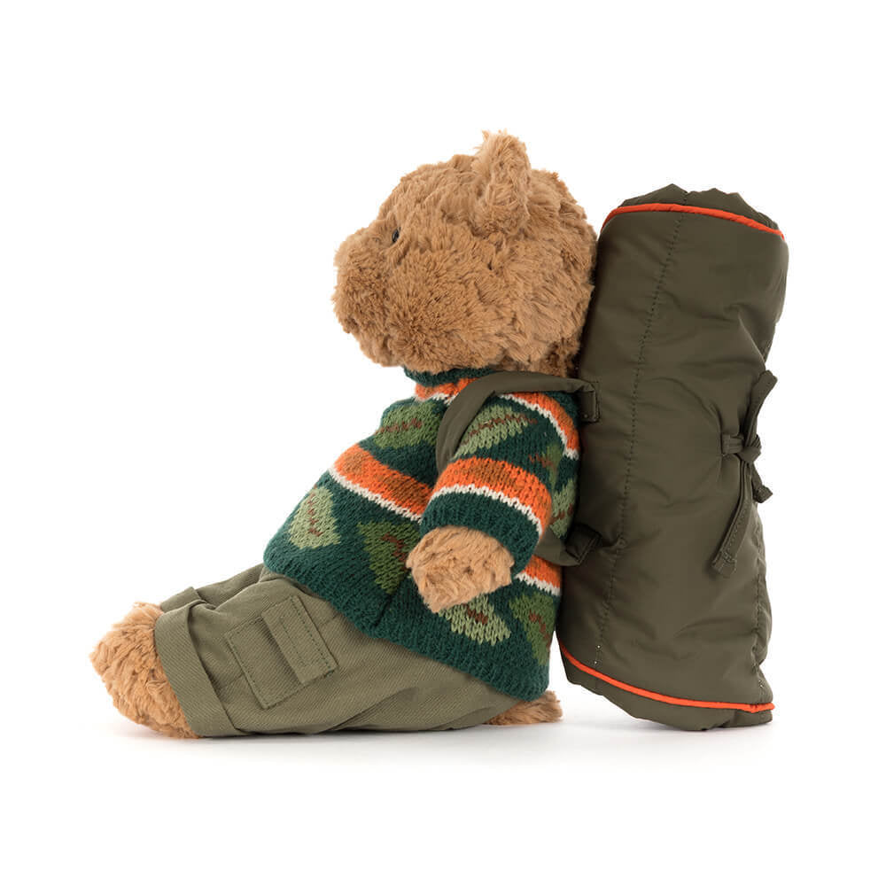 Close-up of Bartholomew Bear in his hiking outfit, showcasing the soft materials and durable design for imaginative play.