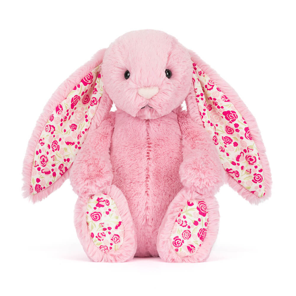 Adorable Blushkin Blossom Luxe Bunny by JellyCat, showcasing its fluffy design ideal for nursery decor and imaginative play.