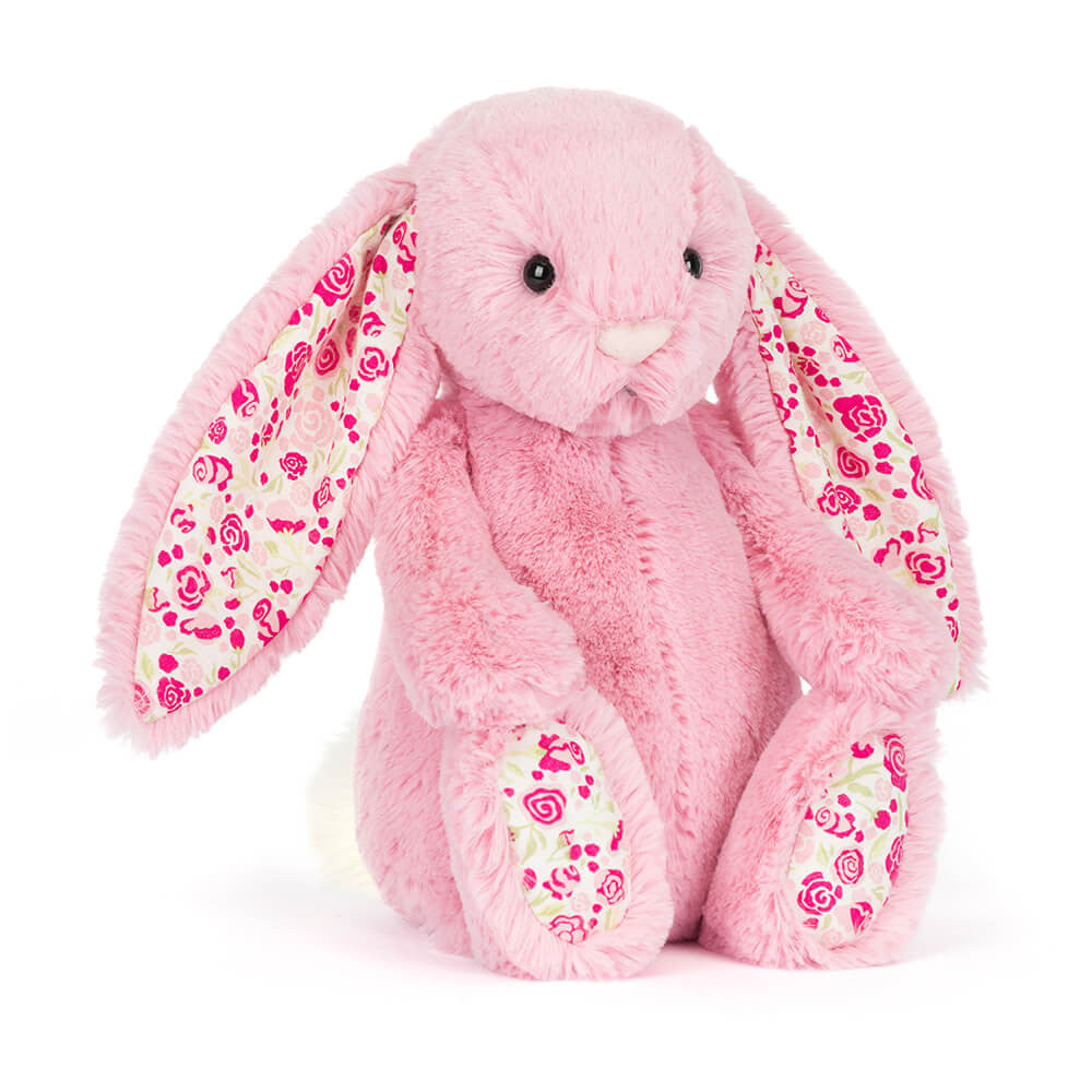 Blushkin Blossom Luxe Bunny by JellyCat, a soft pastel pink plush toy perfect for cuddles and play for babies and toddlers.