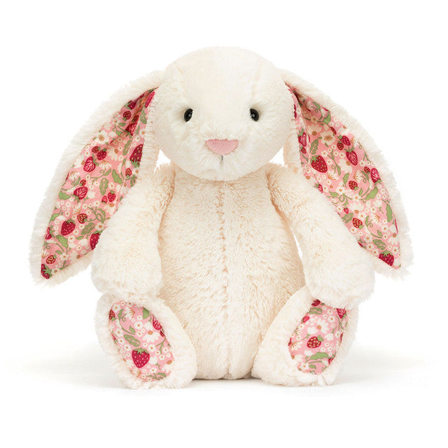 Blossom Cream Bunny Berry Little plush toy by JellyCat, featuring soft Bashful cream fur and charming strawberry and flower design.