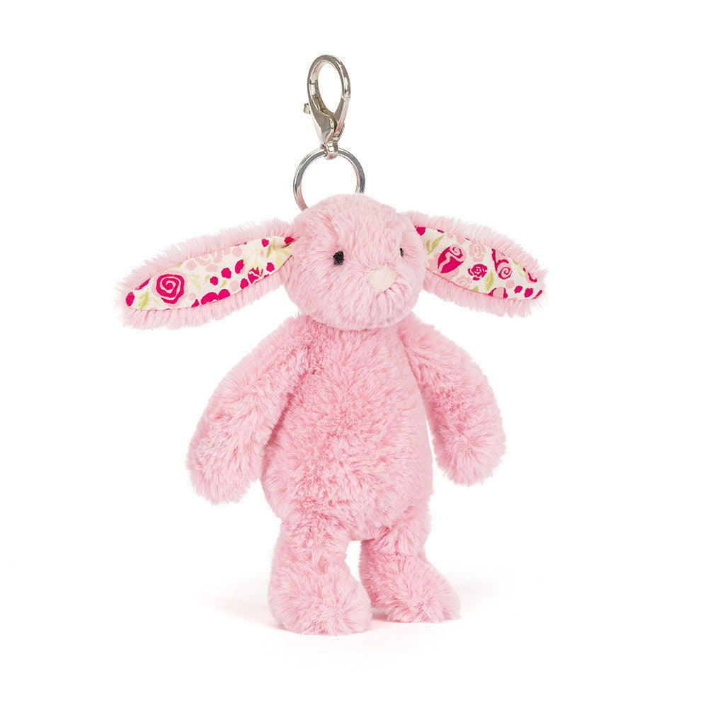 Blushkin Blossom Bunny Bag Charm by JellyCat, featuring a cute pink bunny with floral-patterned ears.