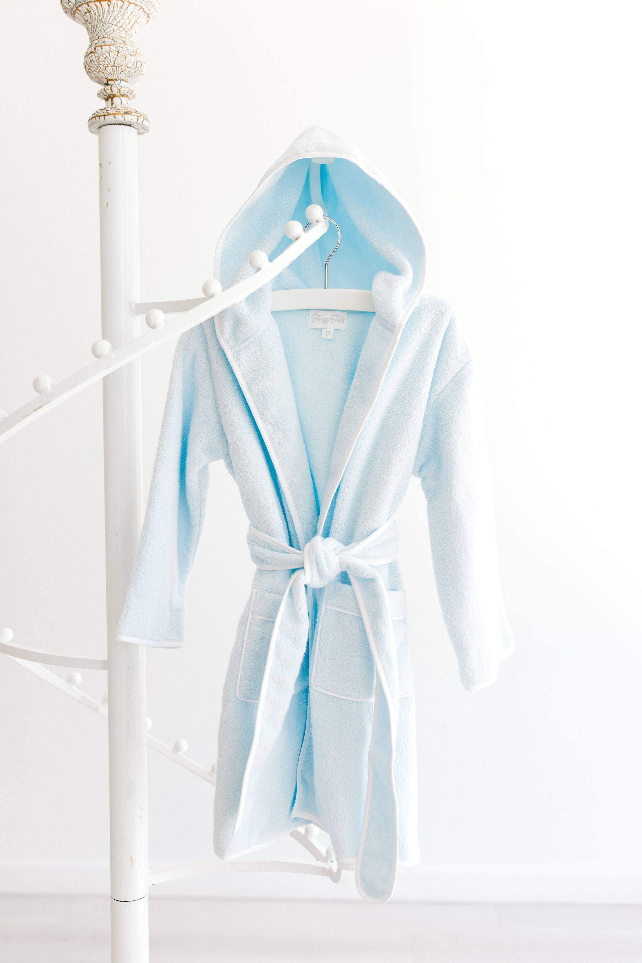 Bathrobe Blue Terry with Hood and White Trim