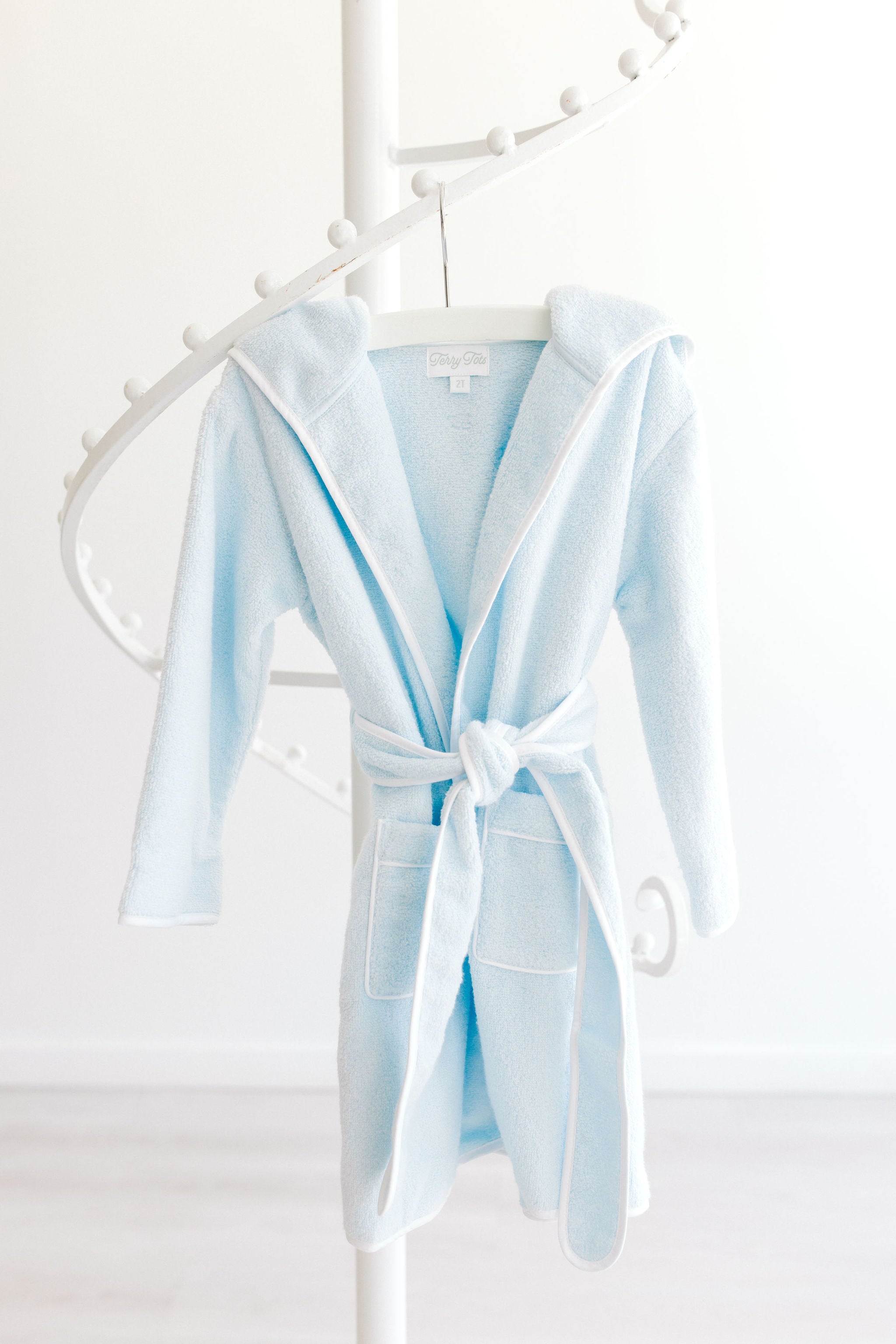 Bathrobe Blue Terry with Hood and White Trim