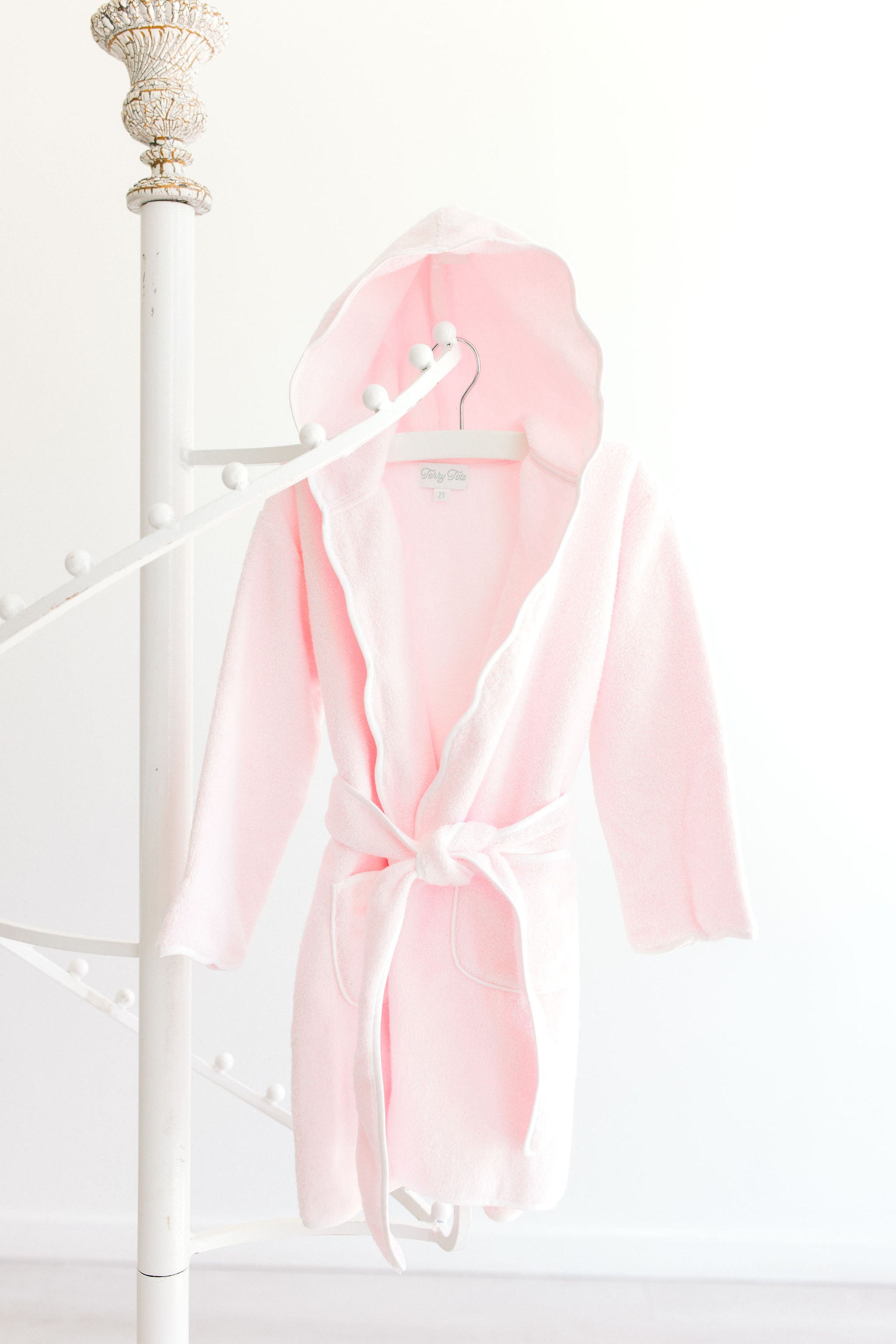 Bathrobe Pink Terry w/Hood and White Scalloped Trim