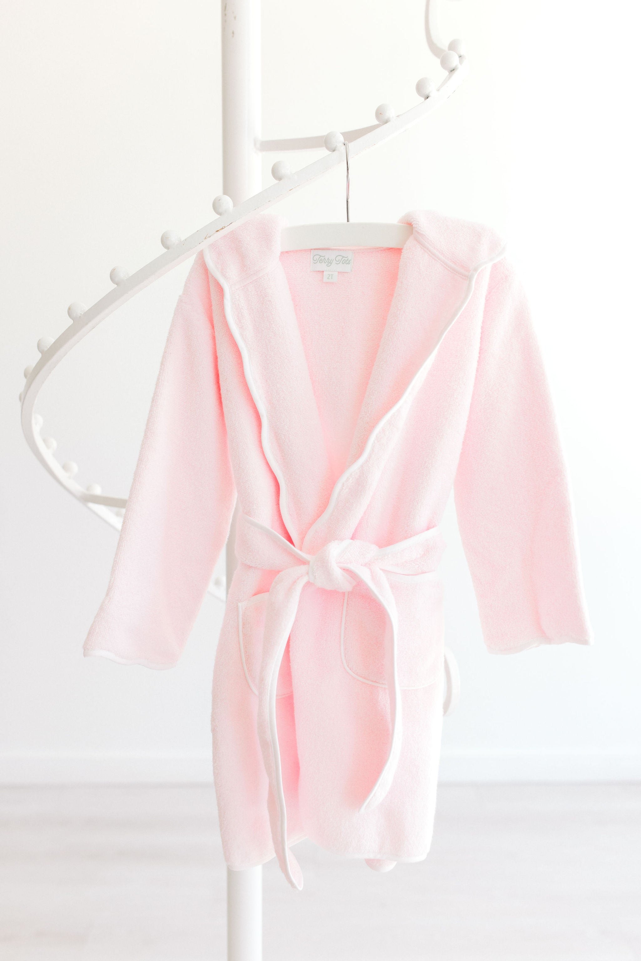 Bathrobe Pink Terry w/Hood and White Scalloped Trim
