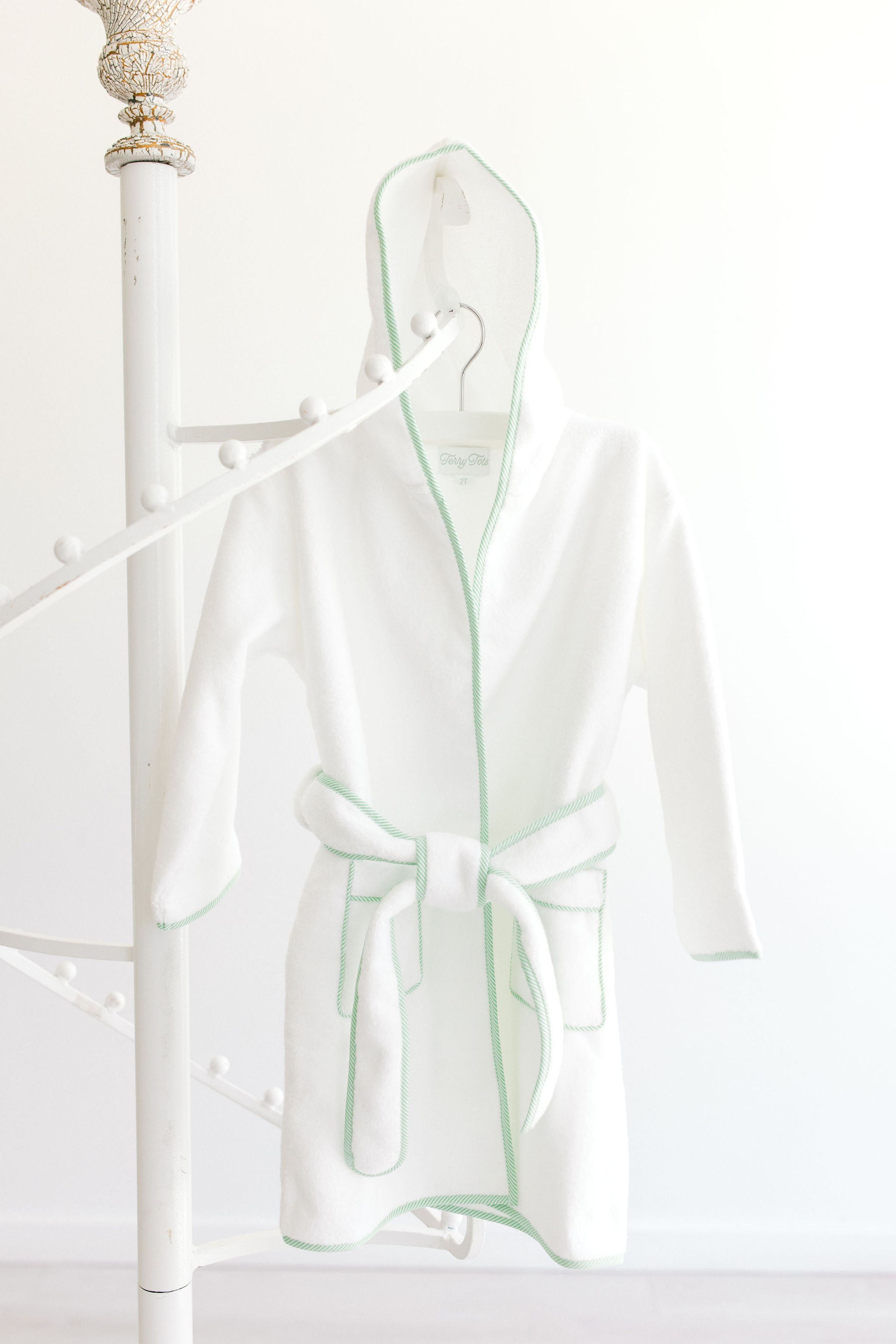 Bathrobe White Terry w/Hood and Green Stripe