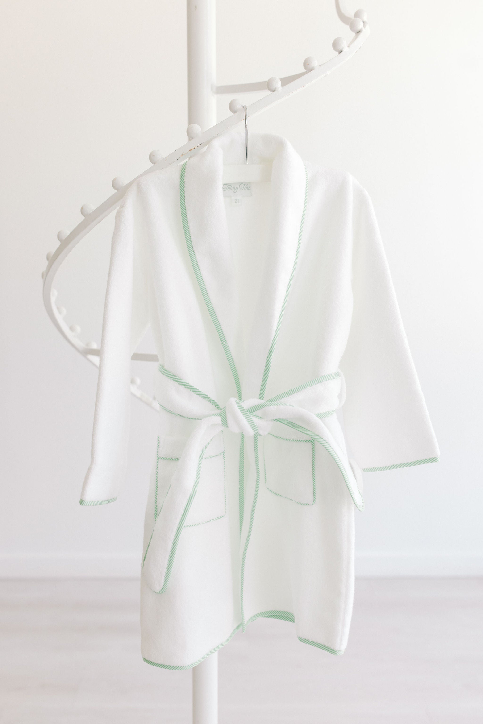 Bathrobe White Terry w/Hood and Green Stripe