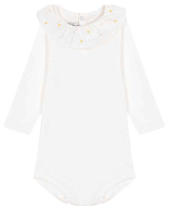 Baby Girl LS Bodysuit w/ Ruffle Collar Heart Embroidery White F26