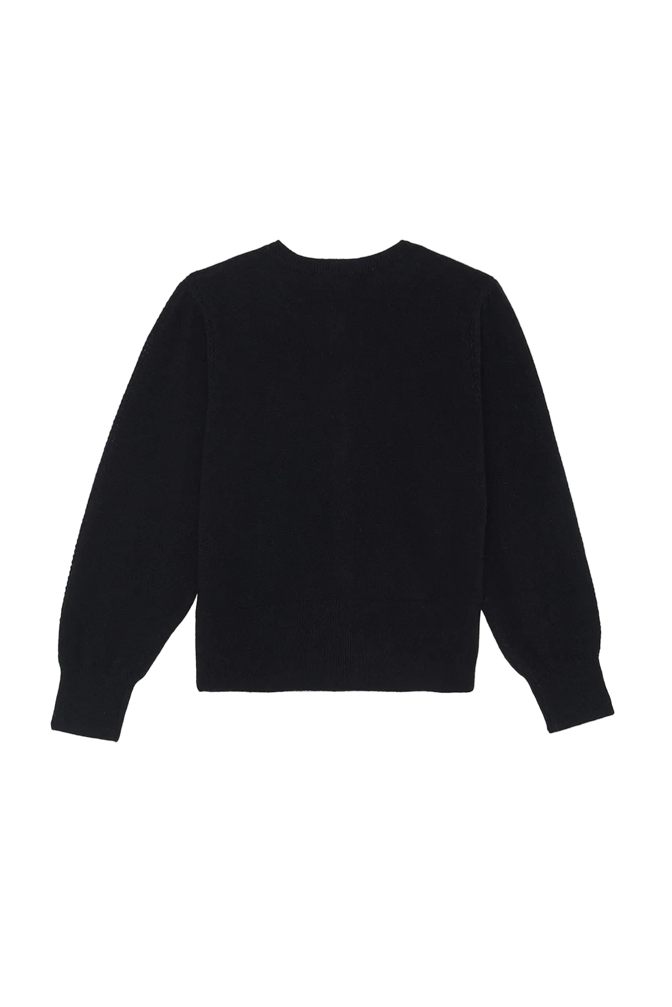 A black long-sleeve crewneck sweater displayed flat against a light gray background.
