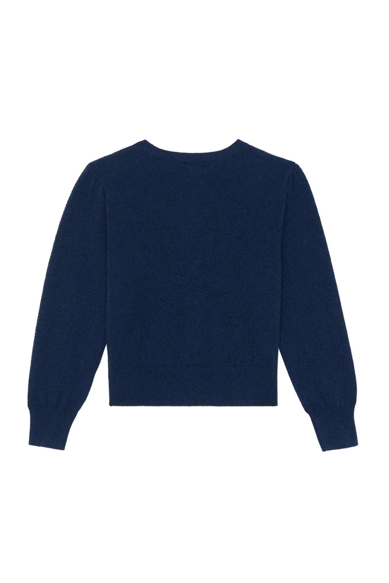 A dark navy blue long-sleeve knit top with a crew neck and ribbed cuffs, shown from the back on a light gray background.