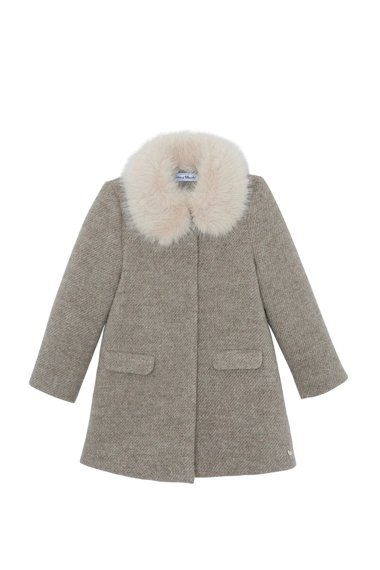 A beige tweed coat with a large cream faux-fur collar, displayed on a clean white background.