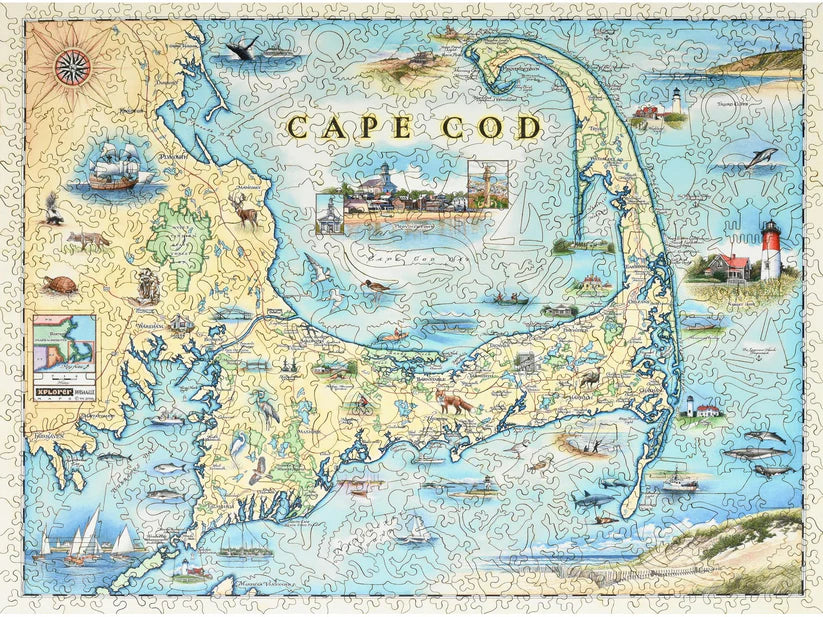 Cape Cod Xplorer Map Wooden Puzzle by Liberty Puzzles featuring a colorful map of Cape Cod with intricate details and illustrations.