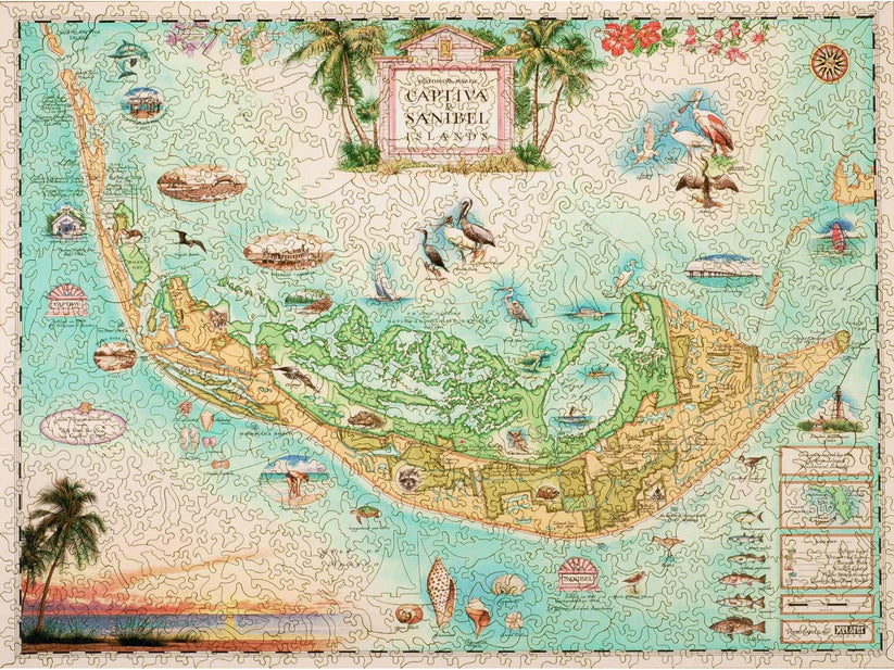 Detailed map of Captiva and Sanibel Islands wooden puzzle by Liberty Puzzles, featuring vibrant colors and picturesque island scenes.