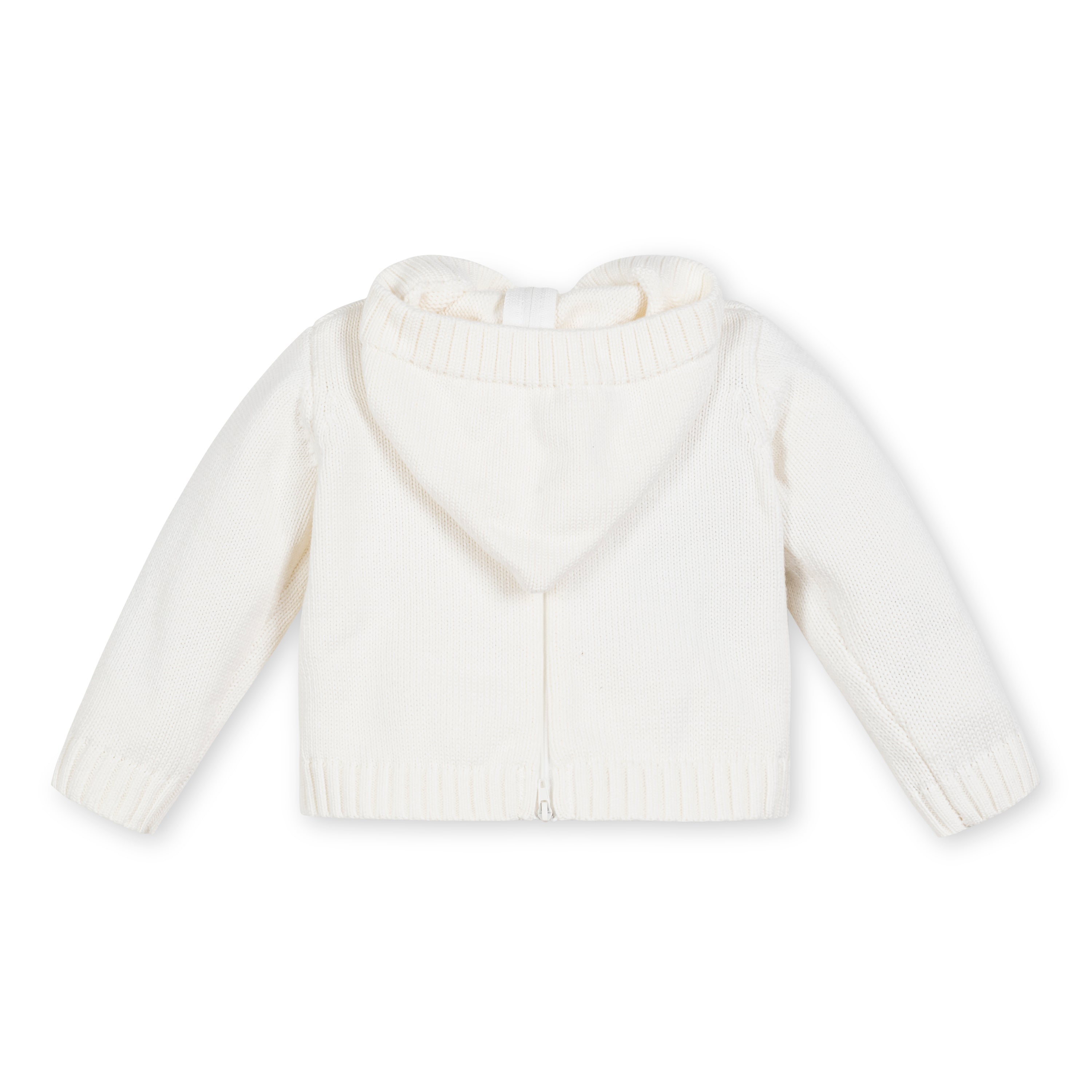 Back view of the Cotton Back Zip Sweater in Off White by Pocket Full of Posies, featuring a stylish zip closure and cozy hood.