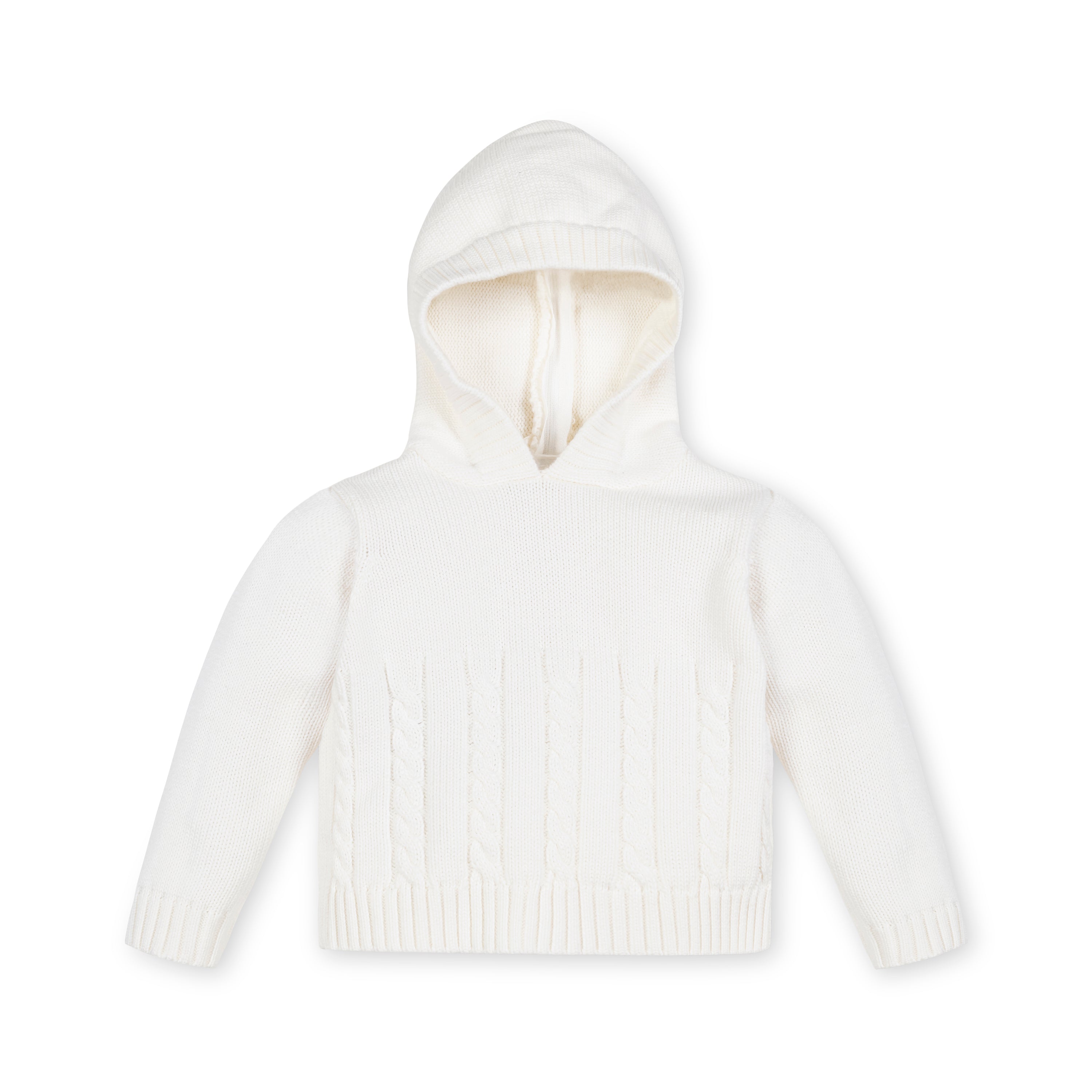 Front view of the Cotton Back Zip Sweater in Off White by Pocket Full of Posies, showcasing its comfortable 100% cotton design and fitted hood.