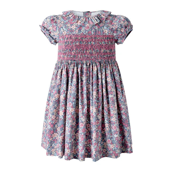Grey/Pink Floral SS Smocked Dress