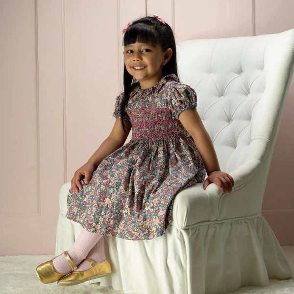 Grey/Pink Floral SS Smocked Dress